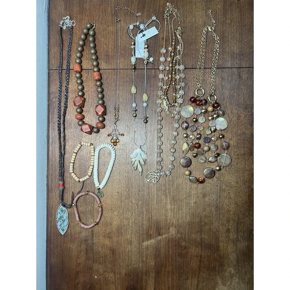 Vtg Brown Jewelry Lot Necklace Bracelet Amber Boho Chic Craft 90s Y2k